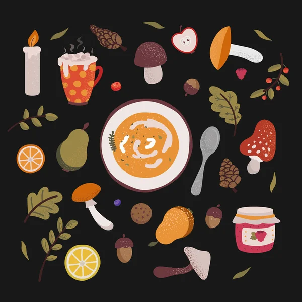 Meşe palamudu, koni, mantar, balkabağı çorbası, düşen yapraklar ve harf içeren sonbahar ikonları. Sonbahar sezonu elementlerinin koleksiyonu. Sonbahar tebrik kartı