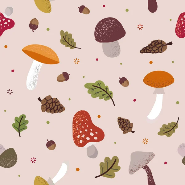 Tatlı mantarlar, meşe palamutları, koniler ve yapraklarla sonbaharda vektörsüz desen. Kumaş ve ambalaj kağıdı için el çizimi. Sonbahar mevsimi için doğal elementlerle tekrarlanan doku.