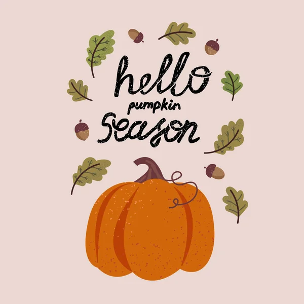 Düşen yapraklı, kabaklı ve harfli sonbahar çelengi. Sonbahar sezonu elementlerinin koleksiyonu. Sonbahar tebrik kartı