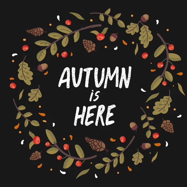 Düşen yapraklar, kozalaklar, meşe palamutları ve harflerle vektör sonbahar çelengi. Sonbahar sezonu elementlerinin koleksiyonu. Sonbahar tebrik kartı
