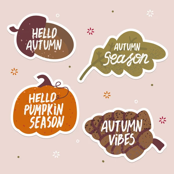 Vector Set Cute Autumn Stickers Acorn Cone Pumpkin Oak Leaf — Stock Vector