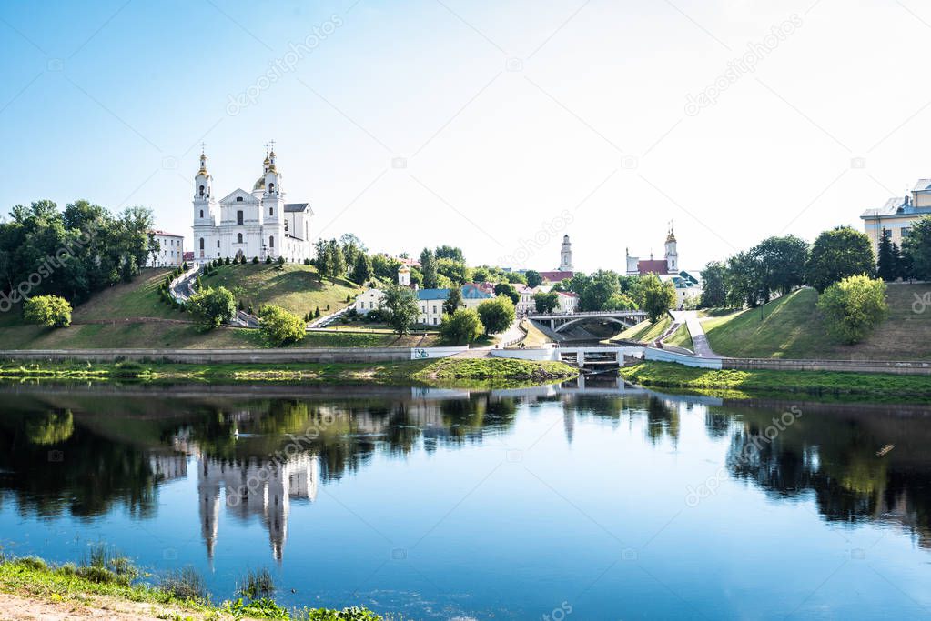 Cathedral of the Assumption backlit by morning sun in Vitebsk Belarus