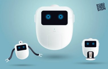 Farklı Poses Robot yenilik teknolojisi bilim kurgu gelecek sevimli küçük 3d Simgeler tasarım vektör illüstrasyon ayarlamak