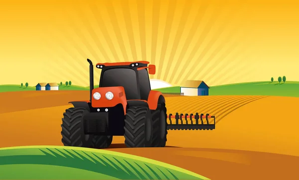 Campos Arado Vectorial Con Tractor — Vector de stock