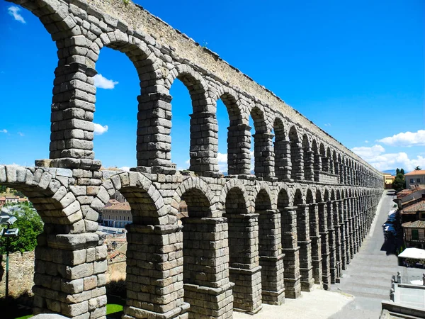 Roman aqueduct in Segovia, Spain. Plaza del Azoguejo. Ancient building.