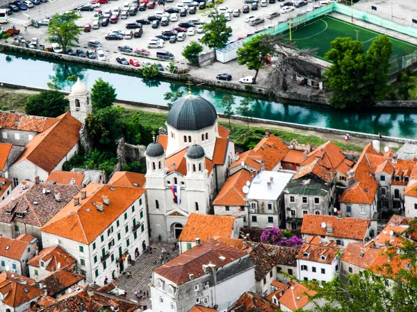 Kotor town, unesco heritage list. Montenegro. Beautiful panorama of orange roofs of medieval town.