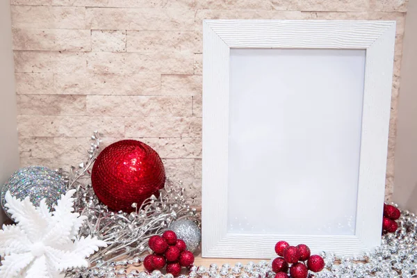 Boże Narodzenie Srebro Musujące Tło Czerwone Białe Srebrne Kolory Makieta — Zdjęcie stockowe