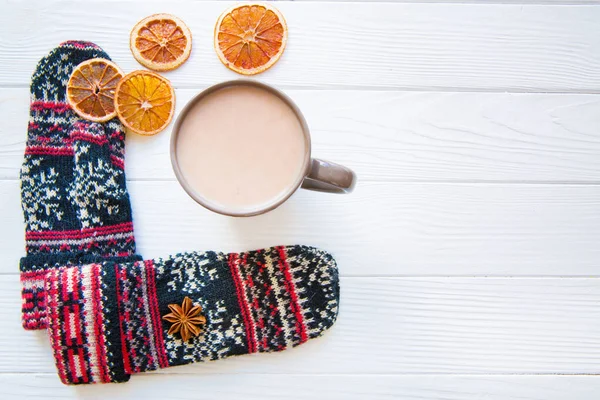 Cup Hot Cocoa Dried Oranges Christmas Ornament White Wooden Background — Stock Photo, Image