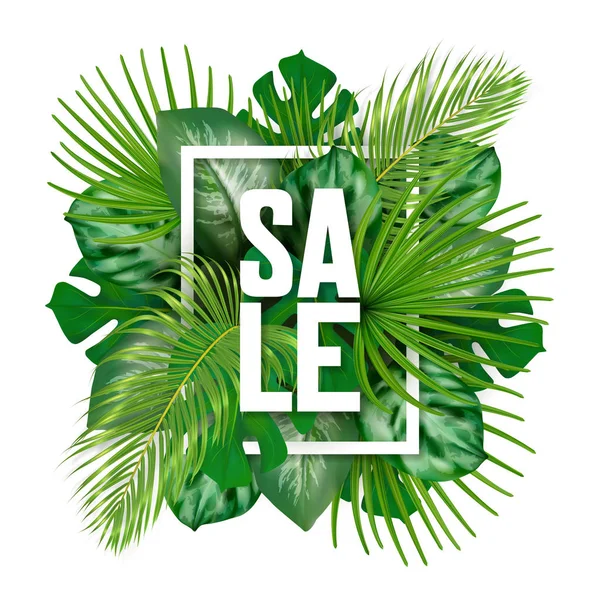 Bannière de vente d'été avec feuilles tropicales — Image vectorielle