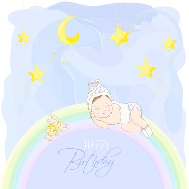 Mutlu Doğum günü kartı wirh uyuyan bebek.