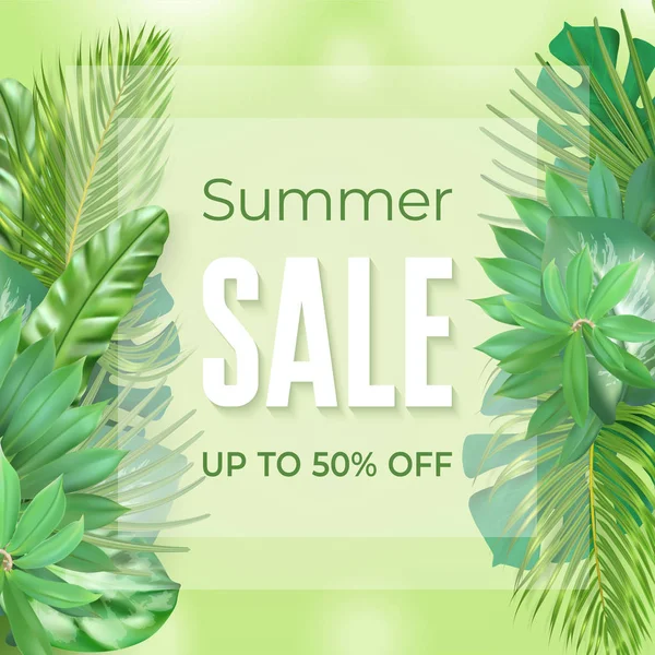 Zomer Sale Banner met Tropische Bladeren — Stockvector