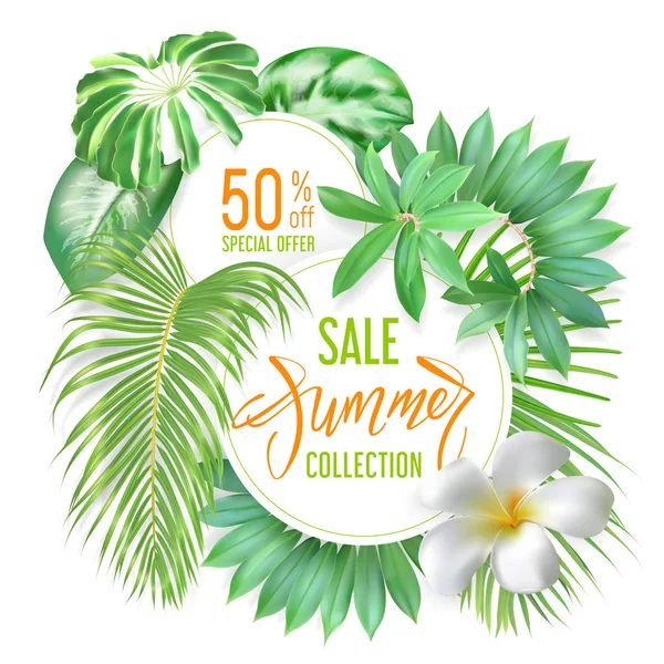 Banner di vendita estivo con foglie tropicali — Vettoriale Stock