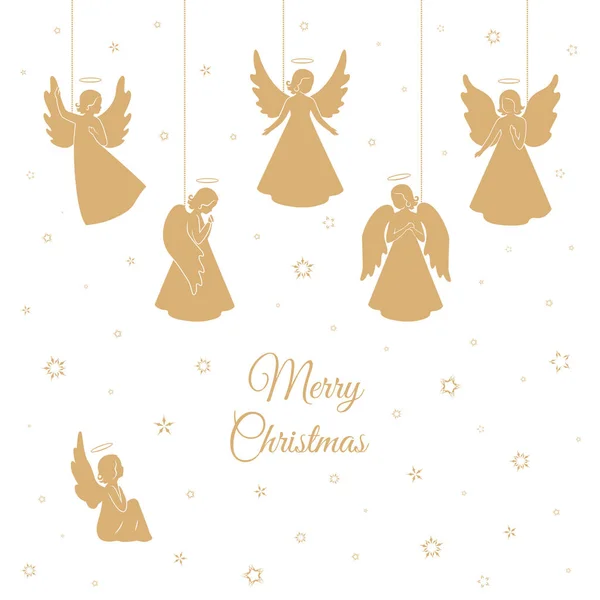 Золоті різдвяні ангели з крилами і німбами — стоковий вектор