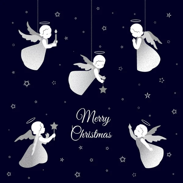 天使と雪の結晶とメリークリスマスカード — ストックベクタ