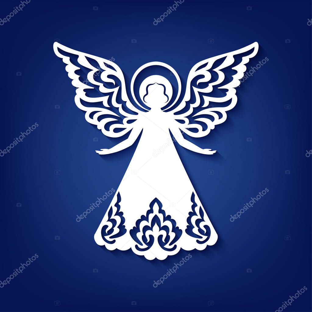 Laser cut paper Christmas angel decoration vector design. Greeting Card for wood carving, paper cutting and Easter decorations. Beautiful white applique on blue background. Abstract Isolated objects.