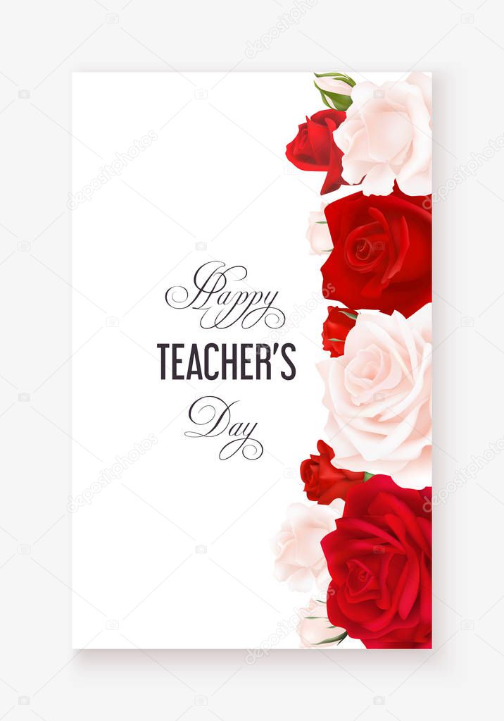 Delicate light and red roses on a white background and congratulation text Happy Teachers Day. Vector illustration