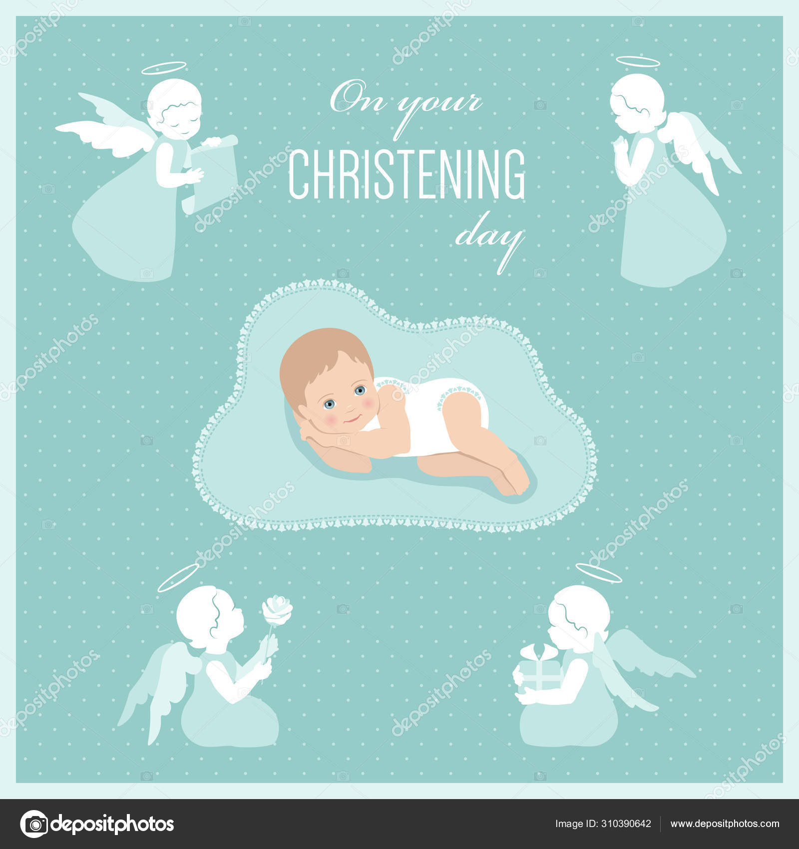 Baptism Of The Child Christening Card With Cute Angels And Baby