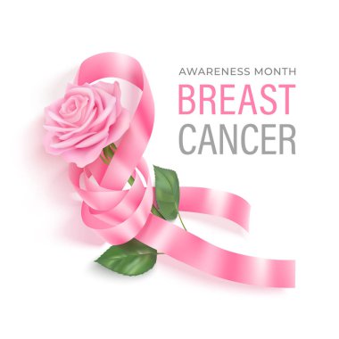 Göğüs kanseri farkındalığı ayı pembe kurdeleli vektör pankartı ve gül