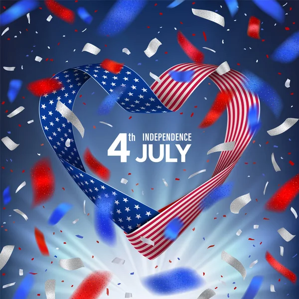 4. Juli Tag der Vereinigten Staaten von Amerika mit Fahnenband in Herzform — Stockvektor