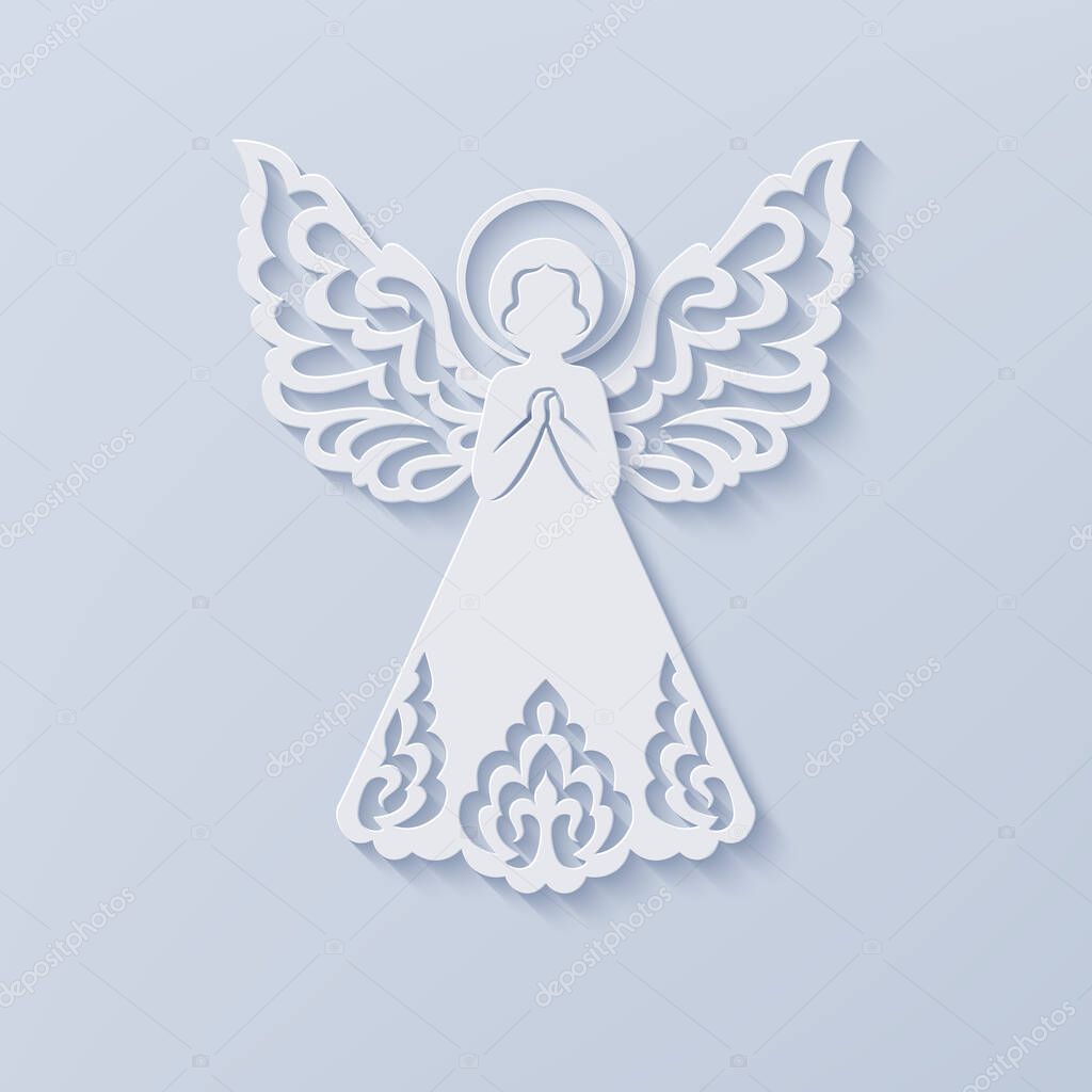 Beautiful angel with ornamental wings and nimbus in paper cut style