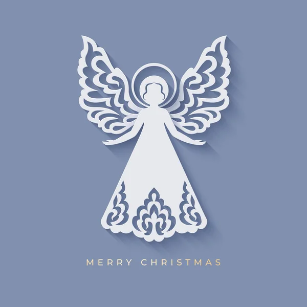 Beautiful angel with ornamental wings and nimbus in paper cut style with shadow — Stock Vector