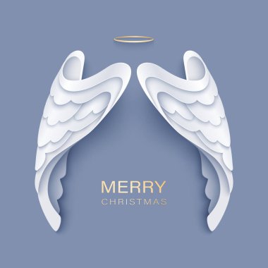 Mutlu noel kağıtları beyaz melek kanatlarıyla kesilmiş.