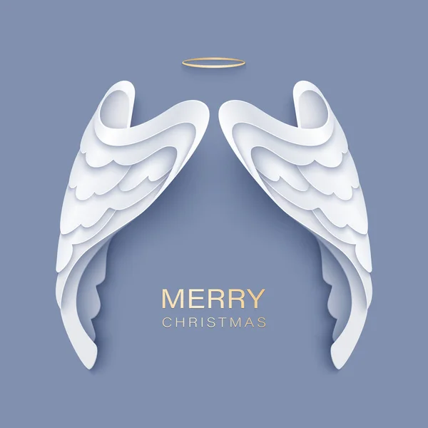 白い天使の翼を持つメリークリスマスの紙のカットカード — ストックベクタ