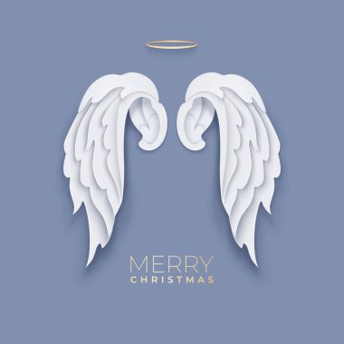 Mutlu noel kağıtları beyaz melek kanatlarıyla kesilmiş.