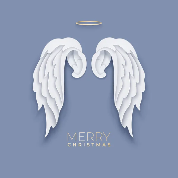 하얀 천사 날개가 달린 메리 크리스마스 종이 컷 카드 — 스톡 벡터