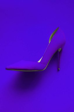 Stüdyoda mor bir arka plan üzerinde trendy fantezi modern moda kadın lüks mor yüksek topuk ayakkabı Fotoğraf