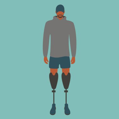 İki protez bacaklı sakat atlet çizgi filmi mi yoksa yapay protezi olan havalı, engelli bir adam mı öne bakıyor? fit adam kendine güvenen vektör çizimi düz tasarım izole