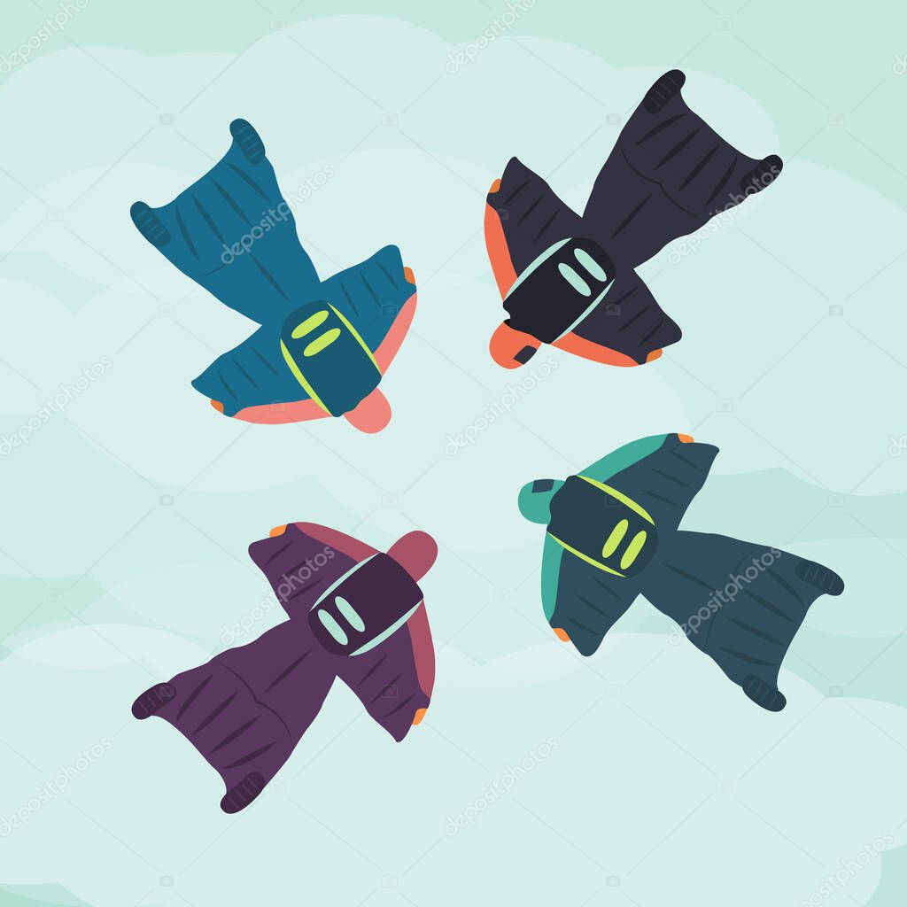 group for four people flat design jump together. friends do skydiving from above in the air with illustration wingsuit. extreme sport adrenalin with parachute icon cartoon vector on sky background art
