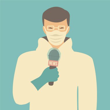 Doktor sağlık personeli vektörü & beyaz koruyucu maske & giysi publuc üzerine konuşuyor. Wuhan Chaina 'daki Çinli muhabir Coronavirus haber ve röportajını basit mikrofon tasarımı ile canlı bildirdi