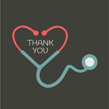 Salgın koronavirüs sembolü. Hayat kurtarıcı salgın. Amblem destek konsepti. düz dizayn kırmızı kalp şeklinde stetoskop tıbbi alet taşıyıcı ikonu. Sağlık hizmetleri destek logosu. Teşekkürler doktor ve hemşire.