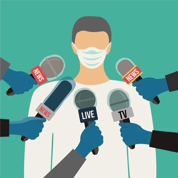 Doktor Hemşire Erkek Yüz Maskesi Taşıyıcısı Koronavirüs Salgınıyla Ilgili Mikrofonlara — Stok Vektör