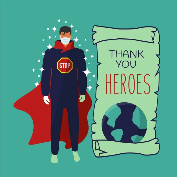 在验尸官中英勇的医生和护士 谢谢医疗团队和工作人员的帮助 带有面罩矢量的超人平面设计 谢谢医疗辅助人员超级英雄在全球科罗那病毒中提供的医疗支持 — 图库矢量图片