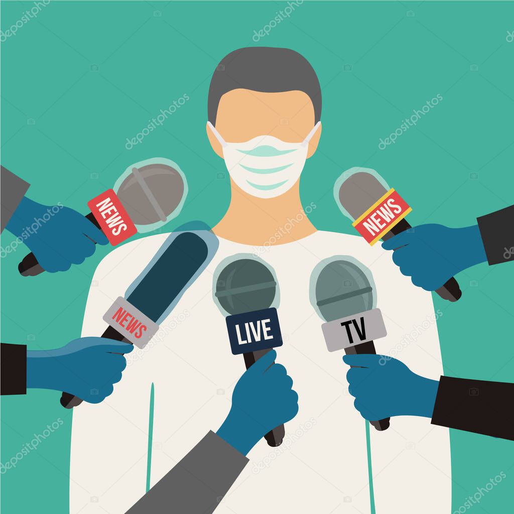 doctor or nurse male & face mask vector reports a corona virus isolated & talks to the microphones about coronavirus pandemic. paramedic speak a covid-19. reporters holding mic & blue sterile gloves