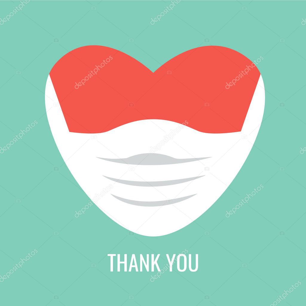 Thank you text to the hospital's medical staff, nurses, doctors & paramedics for the treatment of corona virus. Red heart icon inside medical face mask. we love you symbol flat design. thanks vector