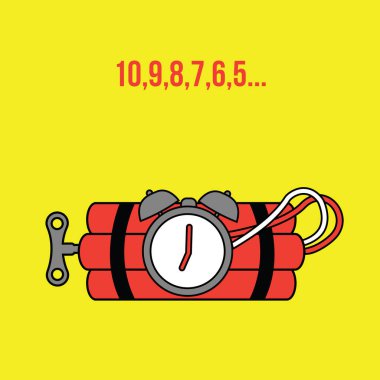 exploding Bomb clean isolated vector illustration with Clock Timer countdown. a key & windup connected to a red Dynamite time on a yellow flat design style background clipart