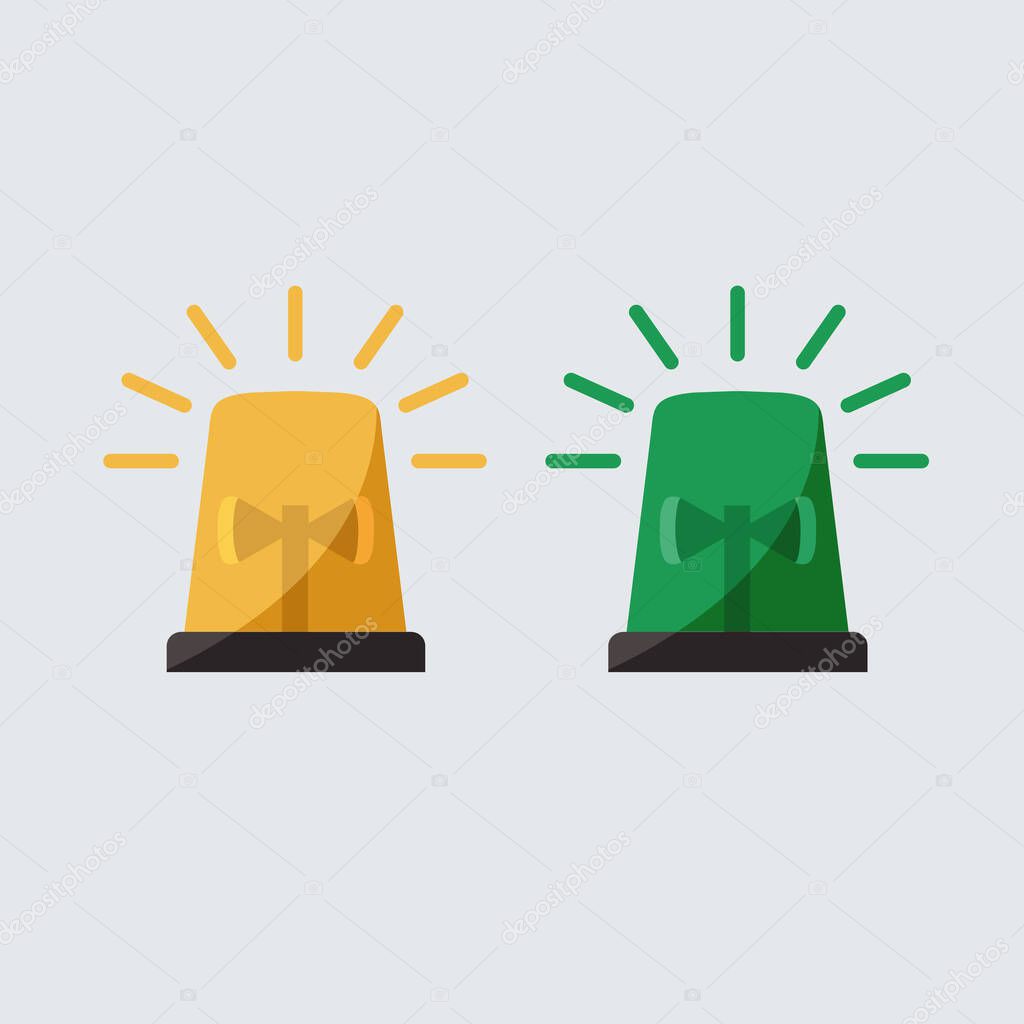 coloful vector green & yellow flashing light cartoon for Police, ambulance, or Firefighters siren sign icon. flat design concept alarm Emergency vehicle lighting isolated symbol. creative idea studio