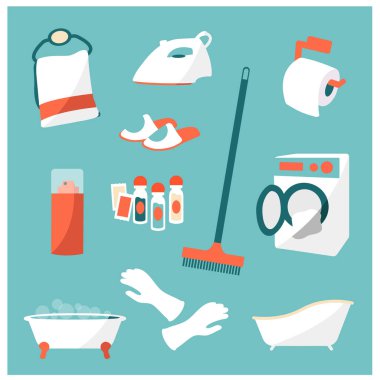 Temizlik seti basit. Banyo ikonları vektör sembolleri izole edilmiş. El havlusu, küvet, çamaşır makinesi, eldivenler, şampuan, terlik, kıyafet ütüsü, sprey, tuvalet kağıdı ve resim makinesi.
