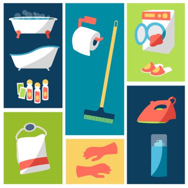 Birçok modern vektörün seti banyoda, tuvalette ya da evde el havlusu, küvet, çamaşır makinesi, eldivenler, sabun, terlik, ütü, sprey ve süpürge ile basit temizlik ikonları.