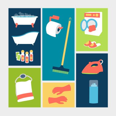 Birçok modern vektörün seti banyoda, tuvalette ya da evde el havlusu, küvet, çamaşır makinesi, eldivenler, sabun, terlik, ütü, sprey ve süpürge ile basit temizlik ikonları.