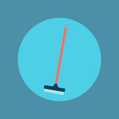 tek bir süpürge veya süpürge süpürücü vektör simgesi çizimi açık mavi düz tasarım arka planı üzerinde yuvarlak bir daire içinde ev veya ev temizliği için