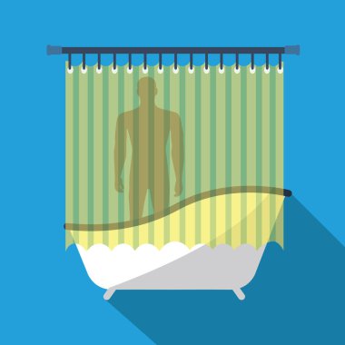 Küvette insan silueti. Temiz ve modern. Tek bir seksi erkek banyoda duş alıyor. Duş perdesinin arkasındaki banyoda duran yakışıklı bir model vektör. 