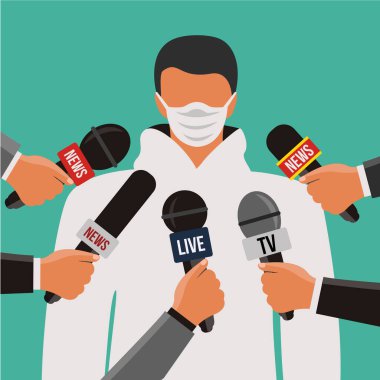 Basın konferansı çizgi filmi. Yüzü maskeli yassı tasarım doktoru, sağlık personeli raporu & Coronavirus salgını salgını ile ilgili bir konuşma yapıyor.
