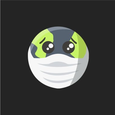 Zavallı üzgün, endişeli, maskeli dünya çizgi film konsepti. Dünya düz dizaynını koronavirüs salgınından kurtarın ve dünya vektörünü kurtarın. Bulaşıcı Corona virüsü gezegenimize yayıldı.