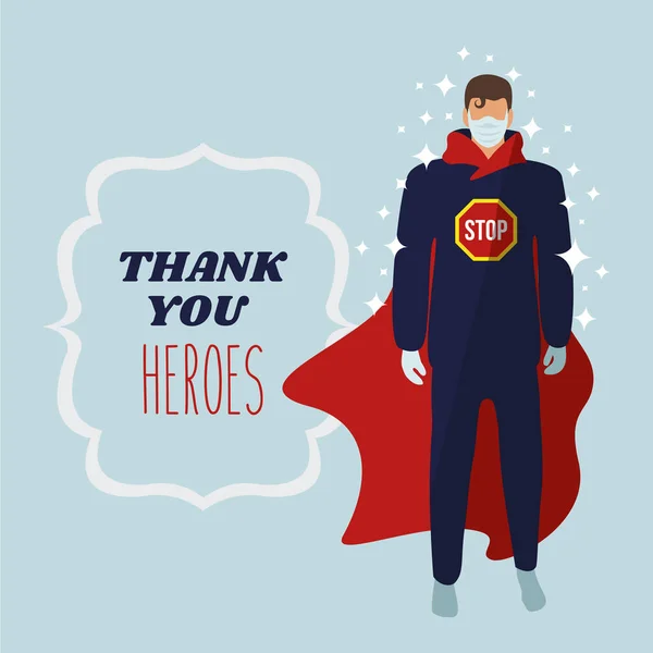 超人平面设计 医用面罩矢量 谢谢英雄文字的医疗保健支持 英勇的超级医生在疾病爆发时勇敢的医生和护士 拯救和拯救科罗纳病毒大流行病 — 图库矢量图片