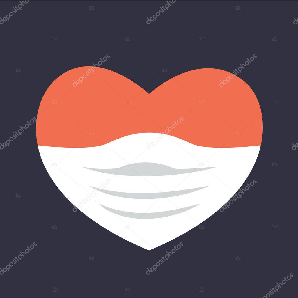 Concept medical love heart with protective face mask sign. coronavirus epidemic isolation symbol cartoon flat design vector creative. logo for phamacy or hospital. health care icon simple illustration