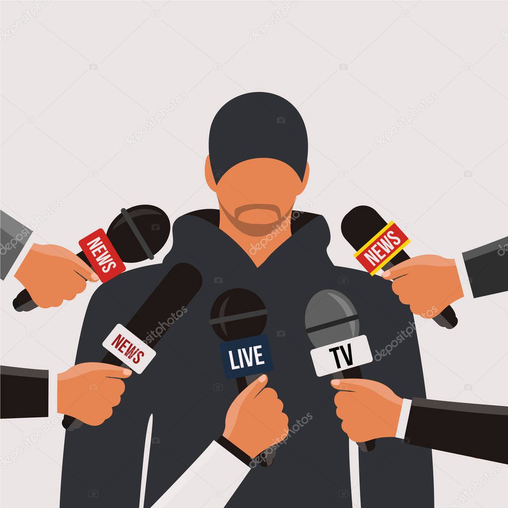 reporter celebrity male or journalist man speak on live stream in the media breaking news. trainer or coach vector in press conference & review with microphones. famous character infected Corona virus